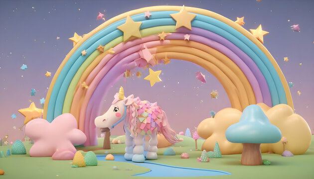 Arcoiris de Colores infantil rodeado de estrellas y unicornio 