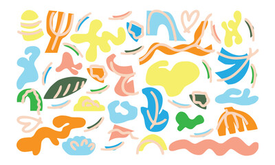Fototapeta premium Abstract various bright doodle shapes and objects. Different figures. Hand drawn Vector seamless Pattern. Background, wallpaper, Wrapping, textile template