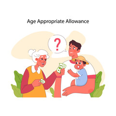 Pocket money concept. Kind grandmother offers a lot of cash to surprised baby, while puzzled father watches. Lessons on allowances. Family dynamics around finance. Flat vector illustration
