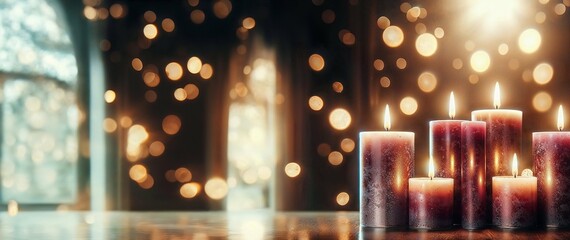 Illuminated Purple Candles with Warm Bokeh Lights Background

