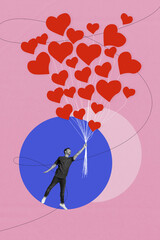 Vertical creative collage image of funny young man hold many air balloons valentine day dating...