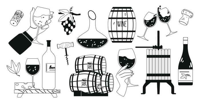 Vineyard Items Black And White Icons Set. Grapevines, Ripe Clusters Of Grapes, Wooden Barrels, Clinking Glasses, Masher