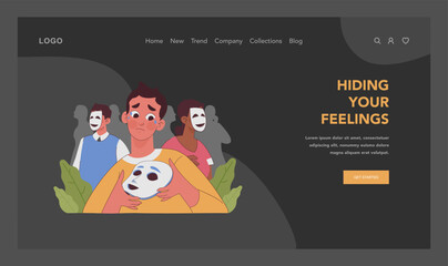 Emotional facade dark or night mode web, landing. Young man surrounded by peers, wearing a mask, hides genuine emotions. True feelings amidst societal expectations. Flat vector illustration