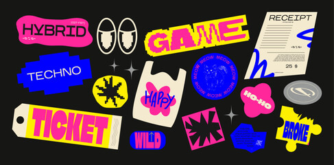 Collection acid patches, stickers,labels, tags in 90s style y2k. Funky hipster groovy retrowave acid shapes	