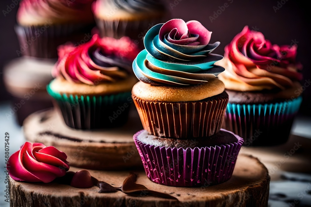 Poster macro shot of a cupcake tower adorned with ombre frosting, transitioning from deep hues at the base 
