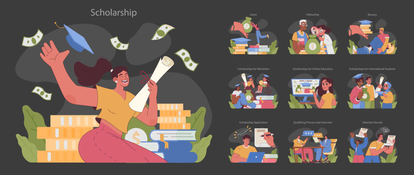 Scholarship set. Celebrating academic achievements and financial aid for students. From applications to awards. Education support across demographics. Help from government. Flat vector illustration