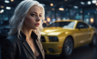 Portrait of a blonde woman against the background of a car in a night city, smiling and looking at the camera. Girl garage banner for car service