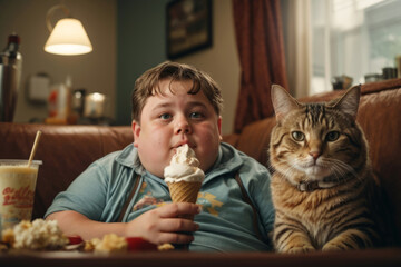 A fat kid who looks like Steve Buscemi is eating ice cream and watching a movie with his cat