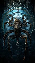 Scorpion with zodiac calendar background, magical, surreal, natural light, sharp colors, wallpaper