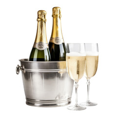 Two tall thin glasses of champagne next to an ice bucket with two bottles of champagne isolated on a clipped PNG background