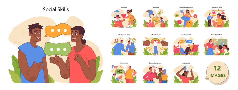 Social skills set. Skillset required for successful socialization. Emotional, interpersonal, and cultural intelligence. Effective communication and teamwork captured. Flat vector illustration