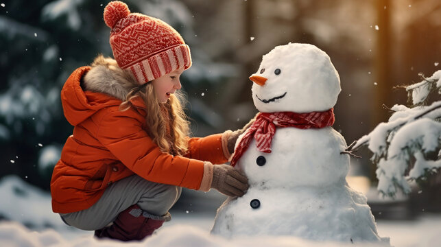 happy child girl playing with a snowman on a snowy winter