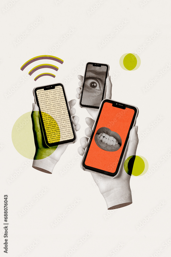 Poster artwork collage sketch of hands hold modern device smartphone reading post wifi connection isolated 
