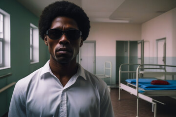 Fototapeta premium afroamerican man with mental health difficulties, delusions, disorders, hallucinations. raising awareness of psychiatric concepts. A fictional person in a hospital room. closeup