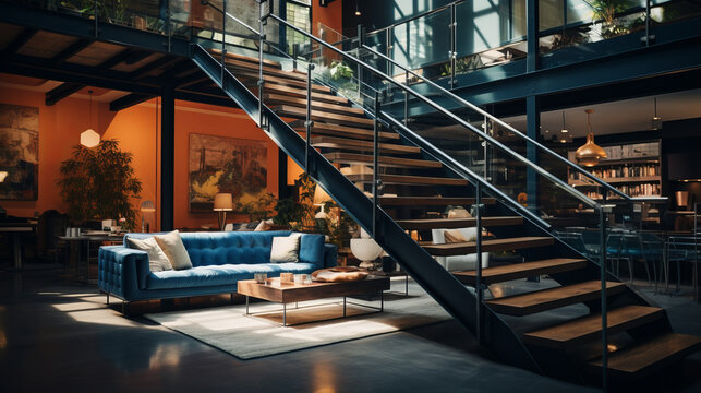 Modern living area with stairs leading up to the second floor