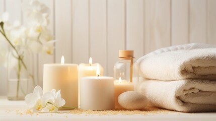 Fototapeta na wymiar Beautiful spa treatment composition such as Towels, candles, essential oils, Massage Stones on light wooden background. blur living room, natural creams and moisturizing Healthy lifestyle, body care