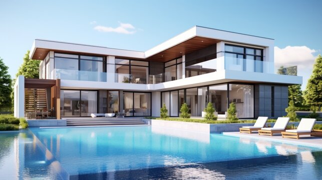 3d rendering of modern house by the river at morning, house, luxury, villa, modern, architecture, building, exterior, residential, property, designer.