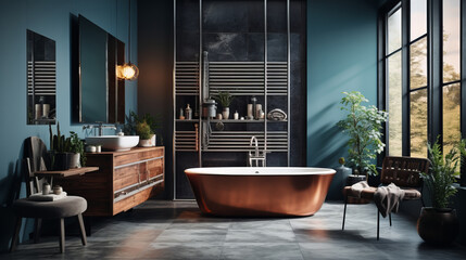 Modern industrial bathroom interior with bathtub. copper, blue and brown colors concept