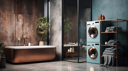 Bathroom interior with copper bathtub and washing machine. Modern loft style