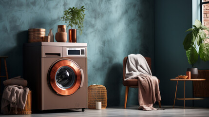 Laundry room interior with modern washing machine. blue and brown colors