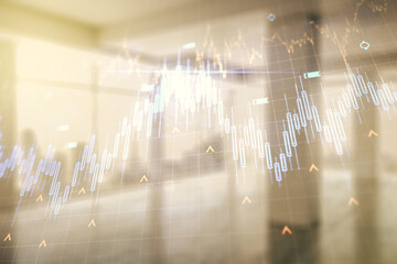 Multi exposure of virtual abstract financial chart hologram and world map on empty modern office background, research and analytics concept
