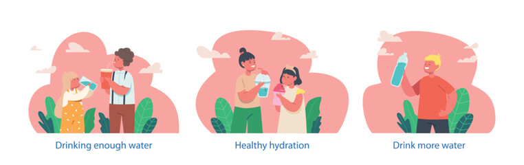 Isolated Vector Elements With Energetic Kids Characters Happily Sip Water, Emphasizing The Importance Of Hydration
