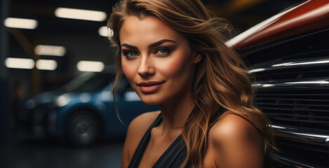 Fototapeta na wymiar Portrait of a female car salesman in the background of a car, smiling and looking at the camera. Car repair and maintenance. garage banner for car service