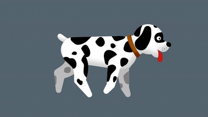 Walking spotted dog - white with black spots. Cartoon funny dog walk cycle. Looped 2D animation with alpha channel