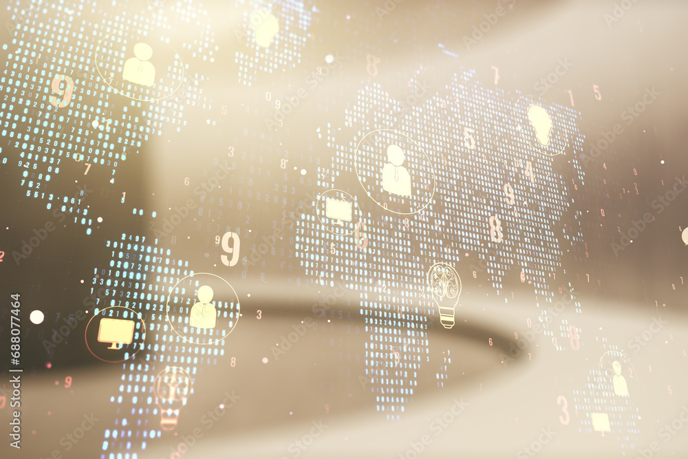 Poster double exposure of social network icons interface and world map on empty room interior background. n