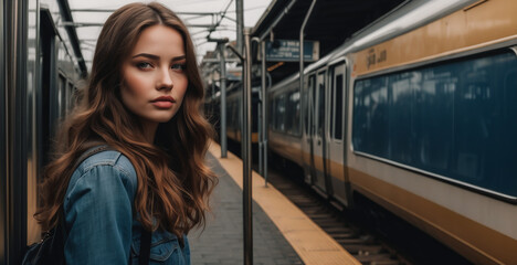 Portrait of a smiling girl or woman standing at the train station. A young woman on a subway train. People are waiting for a train at the train station, blurred background. banner