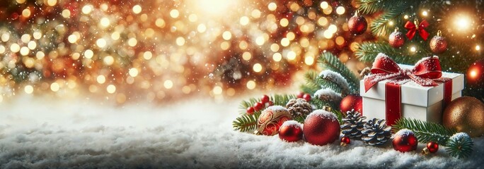 Festive Christmas Gift Box with Red Ornaments and Snow, christmas tree decorations

