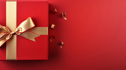 red gift box with satin ribbon and bow on red background