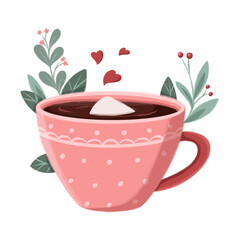 Valentine`s Day mug with hot chocolate and marshmallow illustration with transparant background