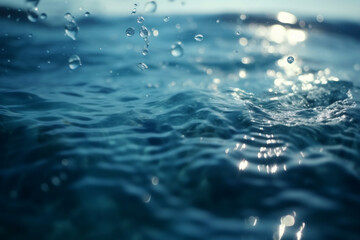 Water surface with drops of water and sun rays. Blue background.