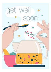 Get well soon card. Positive and motivational poster with greeting quote. Medicine postcard with feel better lettering. Recovery affirmation and wishes. Flat vector Illustration
