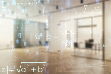 Scientific formula illustration on a modern furnished classroom background, science and research...