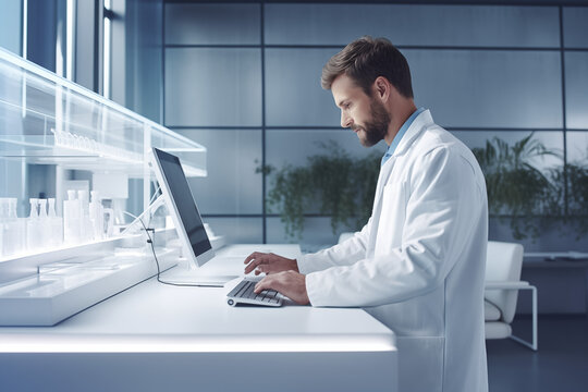 researcher using PC in laboratory. 
the concept of scientists doing research