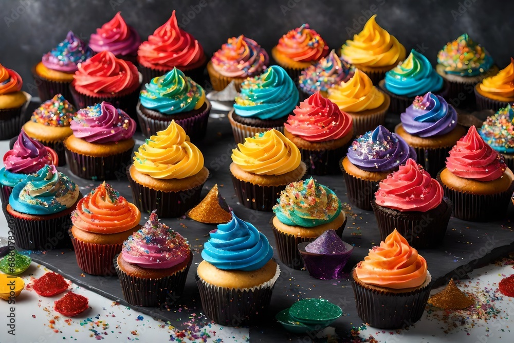 Poster a vibrant display of rainbow cupcakes, each adorned with a swirl of multicolored frosting and topped