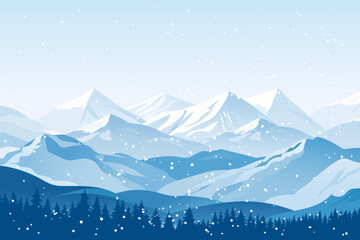 Beautiful winter mountains. Amazing landscape of high mountains, snow-capped peaks against the backdrop of silhouettes of a coniferous forest in snowy weather. Christmas or New Year design.