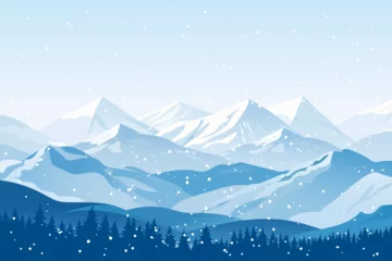 Fototapeten Beautiful winter mountains. Amazing landscape of high mountains, snow-capped peaks against the backdrop of silhouettes of a coniferous forest in snowy weather. Christmas or New Year design. © LoveSan