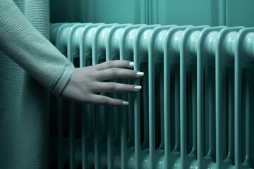 Woman room warm energy temperature winter heater background hand warmth radiator home heat white cold interior