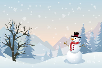 Snowman wearing a hat and red scarf in front of a simple flat winter landscape. Beautiful vector illustration for Christmas or New Year. Postcard, poster, banner.