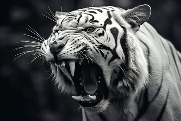 Vertical grey scale shot of a white tiger roaring