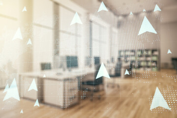Abstract virtual geolocations map sketch on a modern furnished office interior background, GPS...