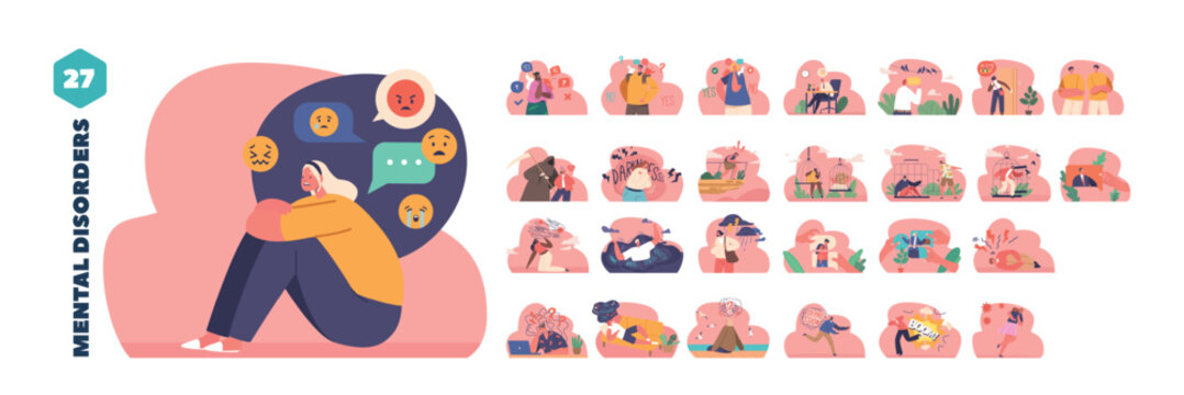 Set Of Characters Facing Psychological Challenges Such As Anxiety, Depression, Or Mood Swings, Vector Illustration