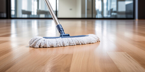 Wet mopping floors in the home. Professional cleaning service concept.
