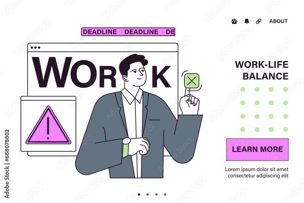 Poster employee efficiency web or landing. business employee productive multitasking. time management and w