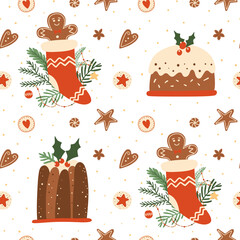 Christmas dessert seamless pattern. Pudding, gingerbread cookies repeat background in vector.