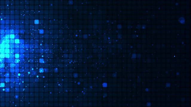 Annotation Bright mosaic. Annotation of a blue LED background with points of movement. Technological digital square background of color. Blue pixel background. Animation of an element of geometric des