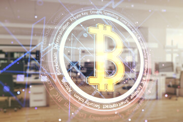 Double exposure of creative Bitcoin symbol hologram on modern corporate office background. Cryptocurrency concept